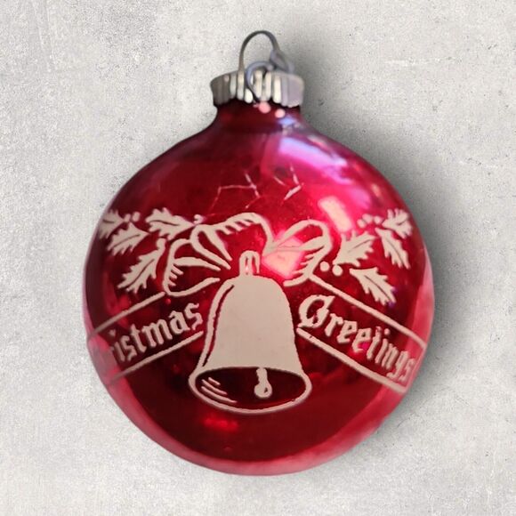Vintage Shiny Brite Red Glass Christmas Ornament Stenciled “Christmas Greetings” - Picture 3 of 4